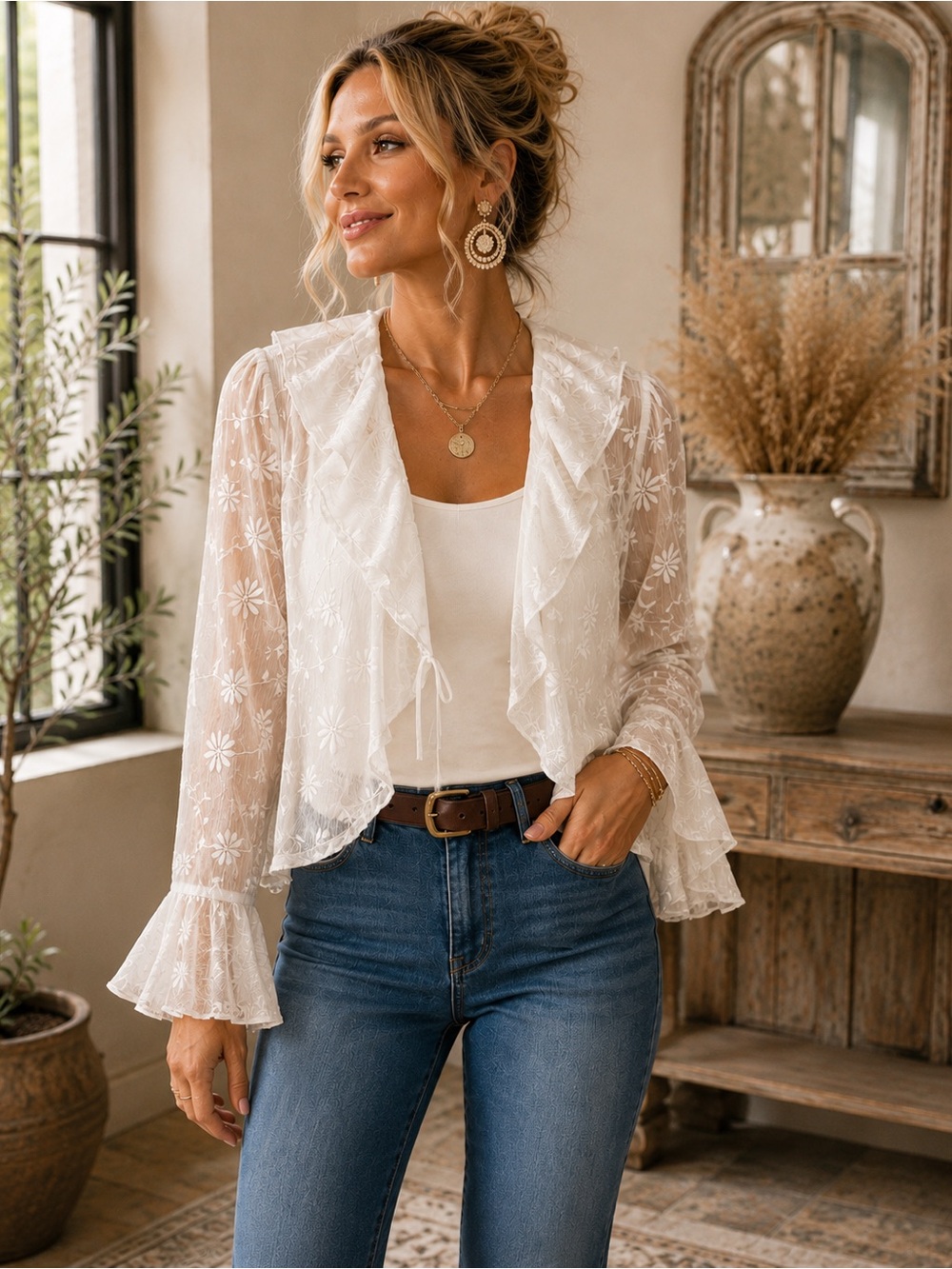 J. Roberts White Embroidered Sheer Ruffle Open Front Blouse Jacket L